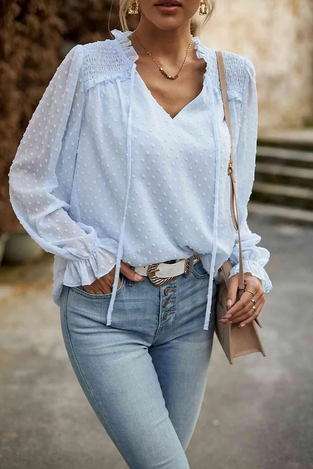 Casual Chic Long Sleeve Swiss Dot Blouse