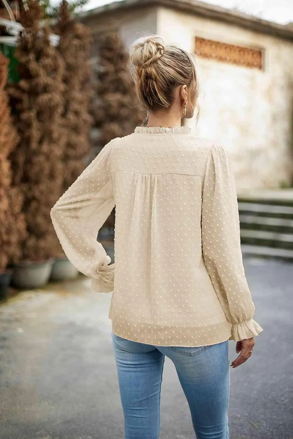Casual Chic Long Sleeve Swiss Dot Blouse