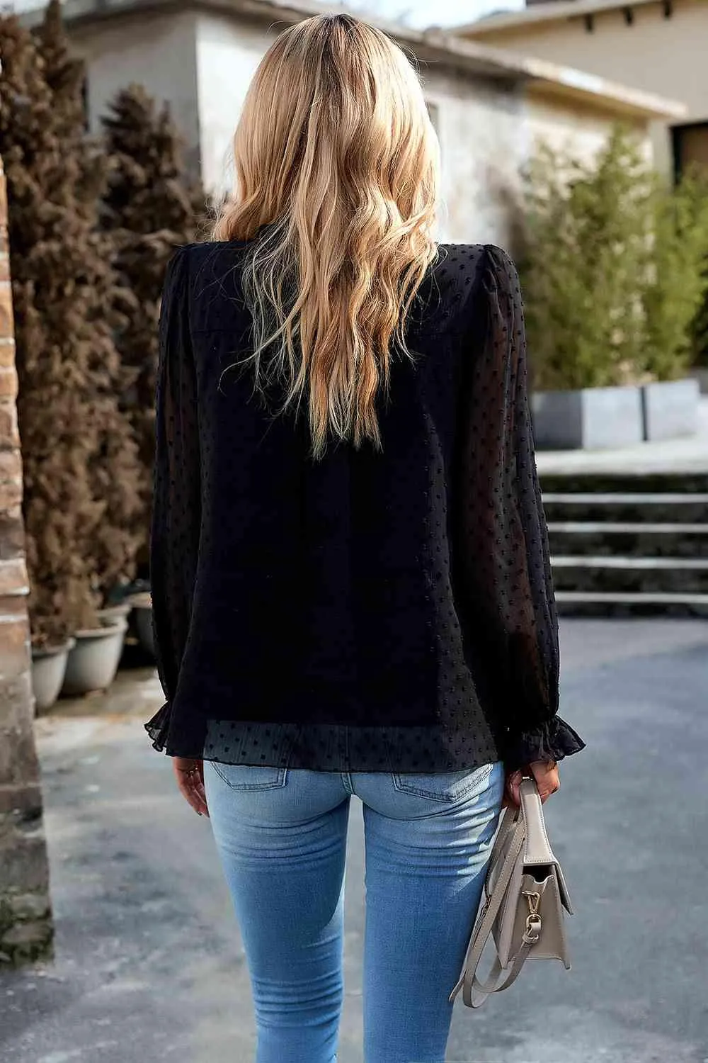 Casual Chic Long Sleeve Swiss Dot Blouse