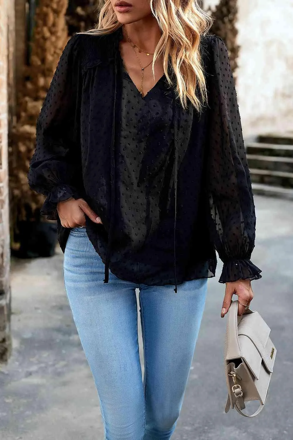 Casual Chic Long Sleeve Swiss Dot Blouse