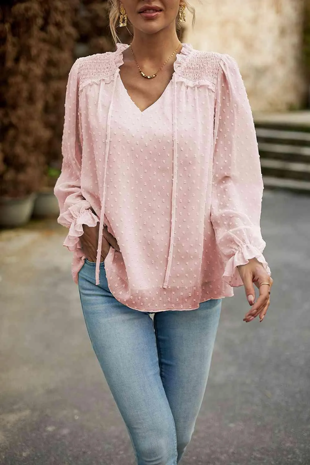 Casual Chic Long Sleeve Swiss Dot Blouse