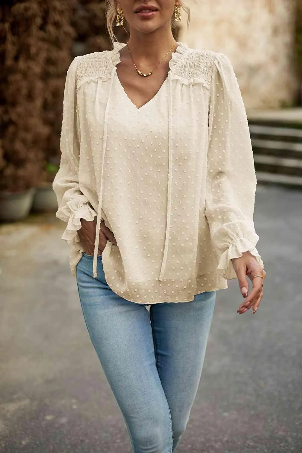 Casual Chic Long Sleeve Swiss Dot Blouse