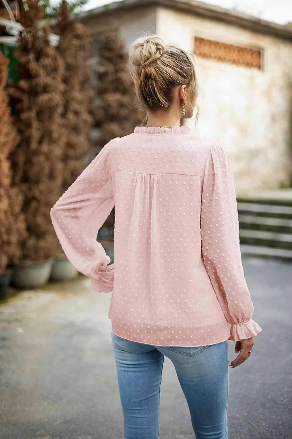 Casual Chic Long Sleeve Swiss Dot Blouse