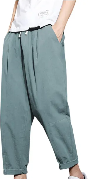 Casual Pants for Mens Linen Pants Drawstring Beach Pants Relaxed-Fit Yoga Pants Soft Elastic Waist Pants