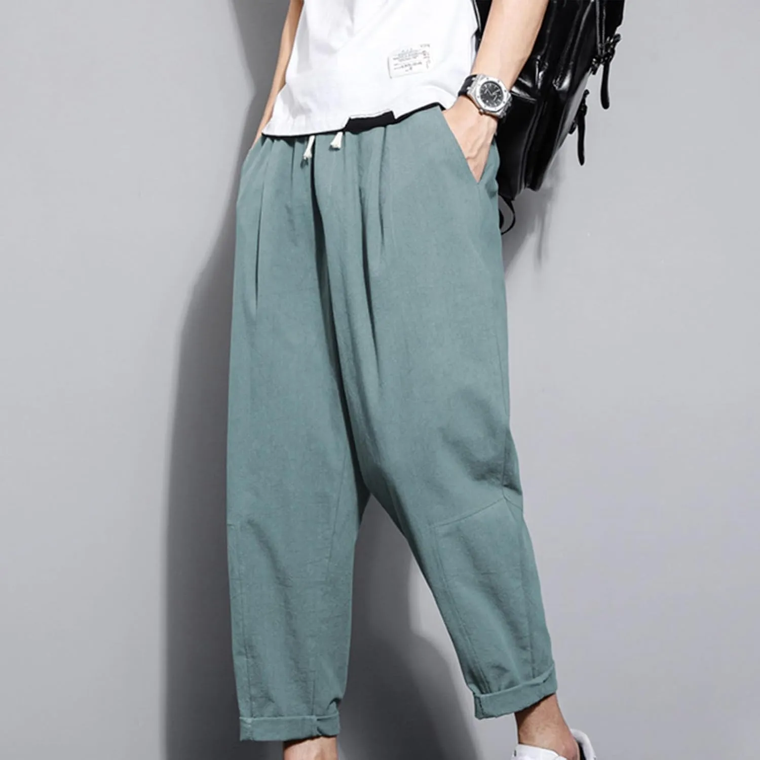 Casual Pants for Mens Linen Pants Drawstring Beach Pants Relaxed-Fit Yoga Pants Soft Elastic Waist Pants