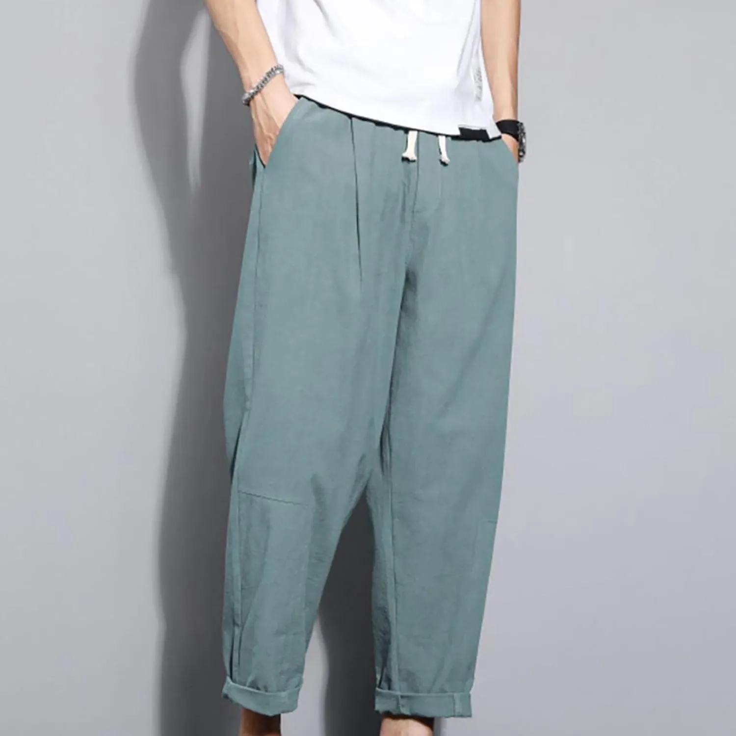 Casual Pants for Mens Linen Pants Drawstring Beach Pants Relaxed-Fit Yoga Pants Soft Elastic Waist Pants