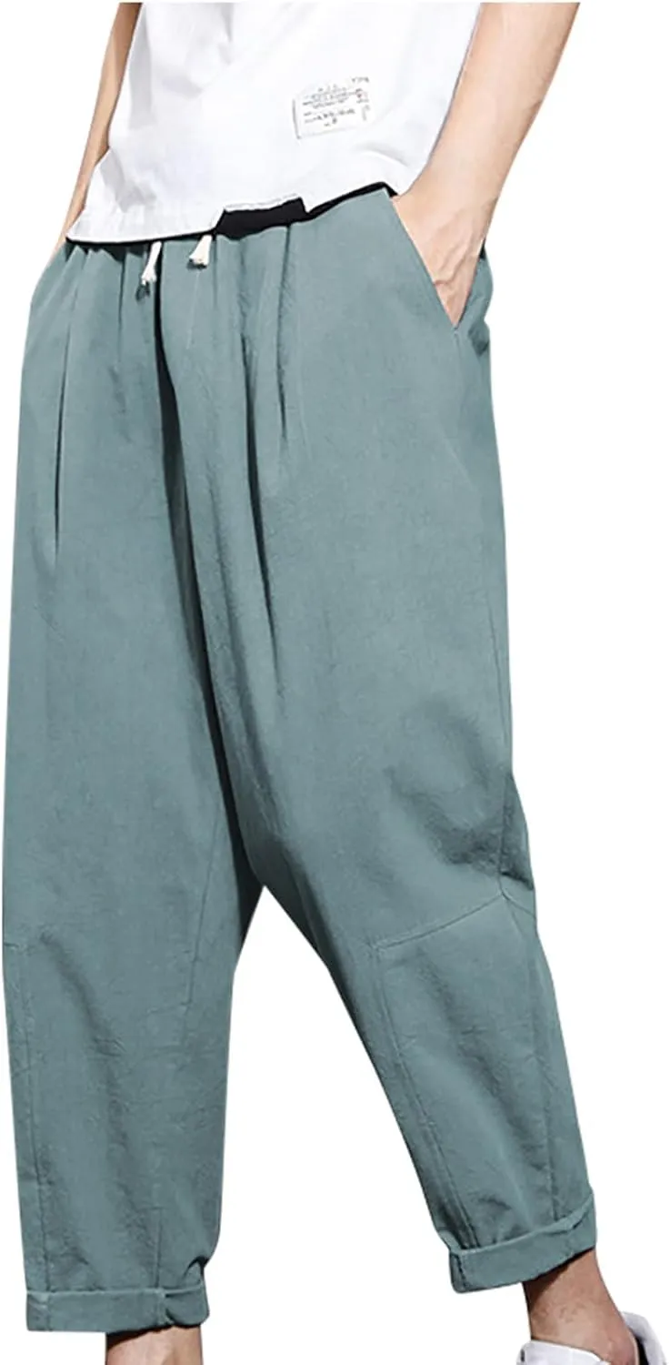 Casual Pants for Mens Linen Pants Drawstring Beach Pants Relaxed-Fit Yoga Pants Soft Elastic Waist Pants