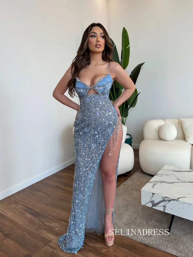 Chic Elegant Spaghetti Straps Beaded Long Prom Dresses High Split Evening Dress sew0312