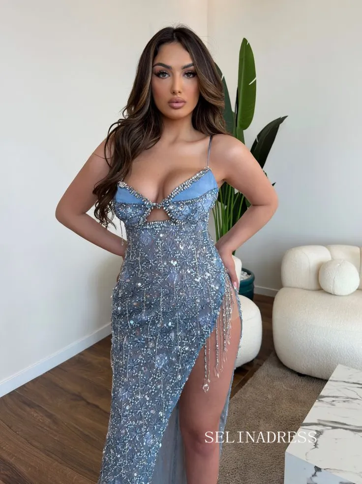 Chic Elegant Spaghetti Straps Beaded Long Prom Dresses High Split Evening Dress sew0312