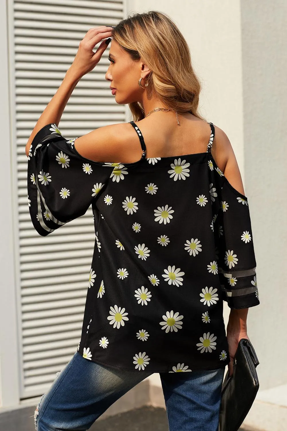 Cold-Shoulder Three-Quarter Flare Sleeve Blouse