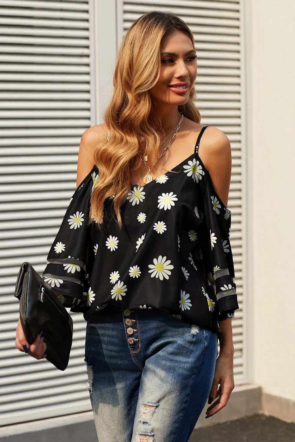 Cold-Shoulder Three-Quarter Flare Sleeve Blouse