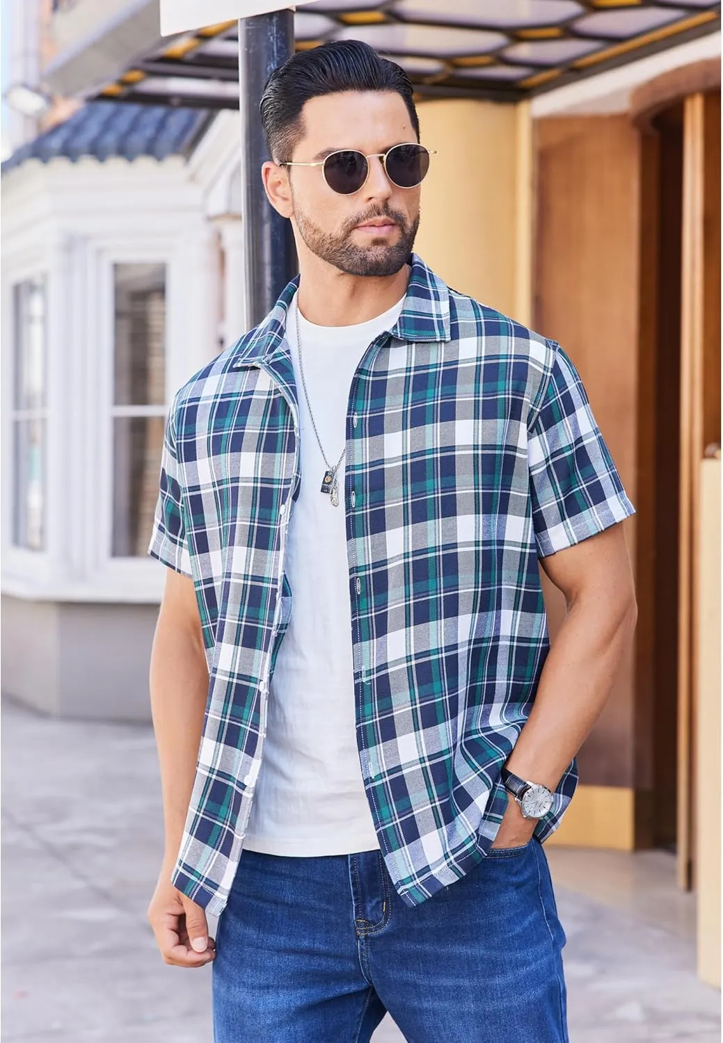 COOFANDY Mens Short Sleeve Button Down Shirt Plaid Button Up Shirts Casual 75% Cotton Work Shirts