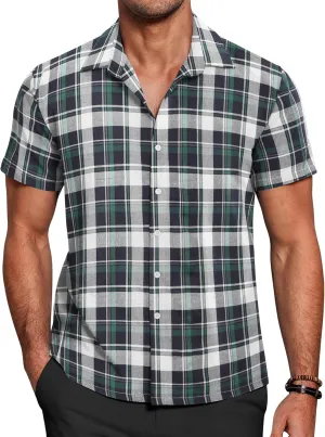 COOFANDY Mens Short Sleeve Button Down Shirt Plaid Button Up Shirts Casual 75% Cotton Work Shirts