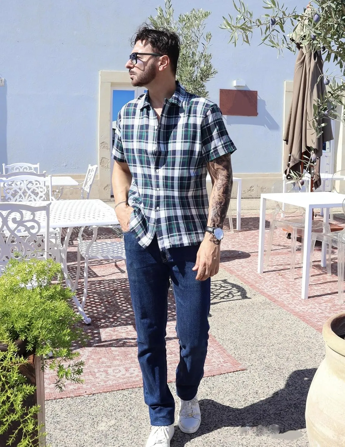 COOFANDY Mens Short Sleeve Button Down Shirt Plaid Button Up Shirts Casual 75% Cotton Work Shirts