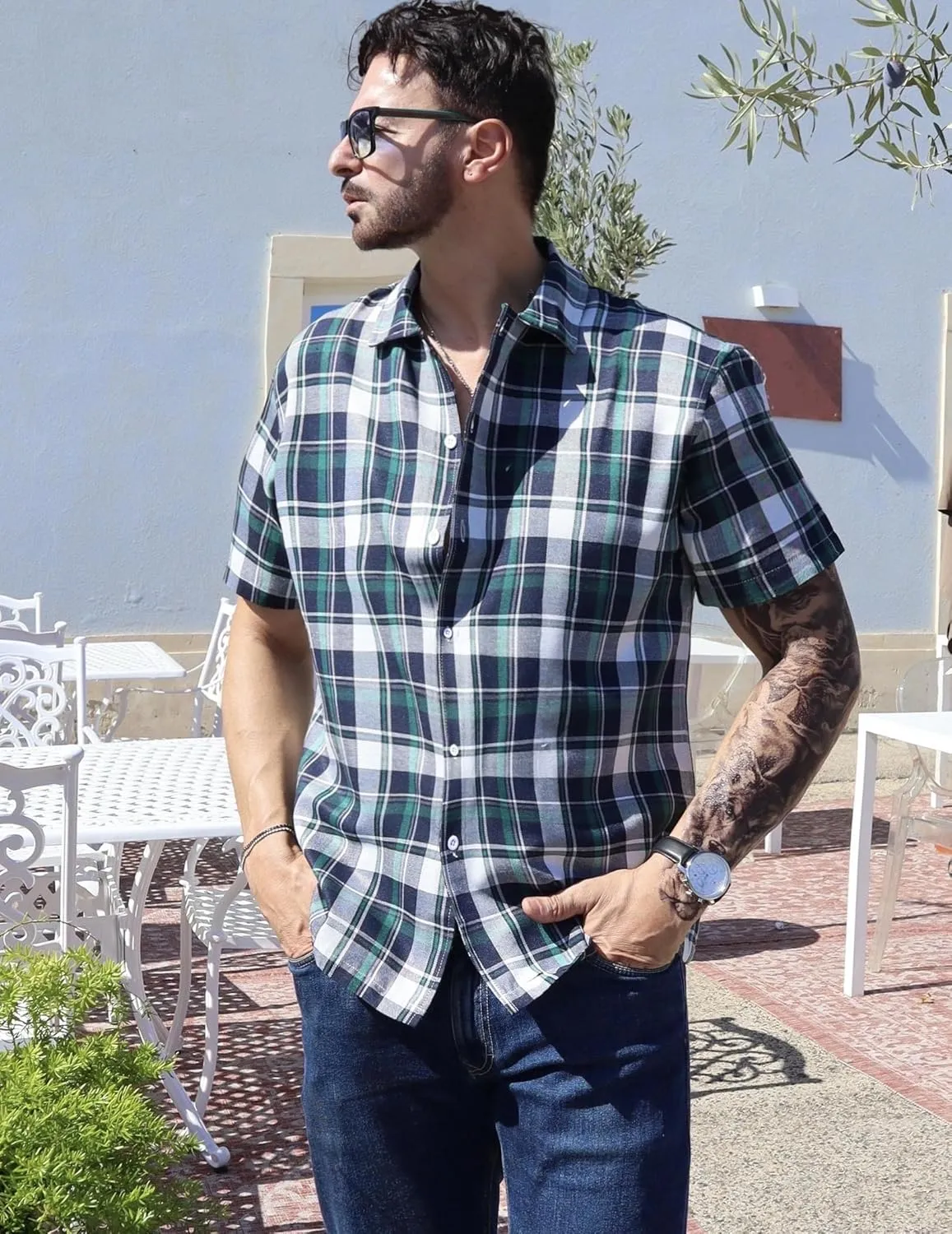 COOFANDY Mens Short Sleeve Button Down Shirt Plaid Button Up Shirts Casual 75% Cotton Work Shirts