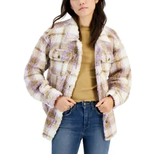 Crave Fame Juniors Plaid Button Front Faux Fur Lilac Almond Jacket, Size Small