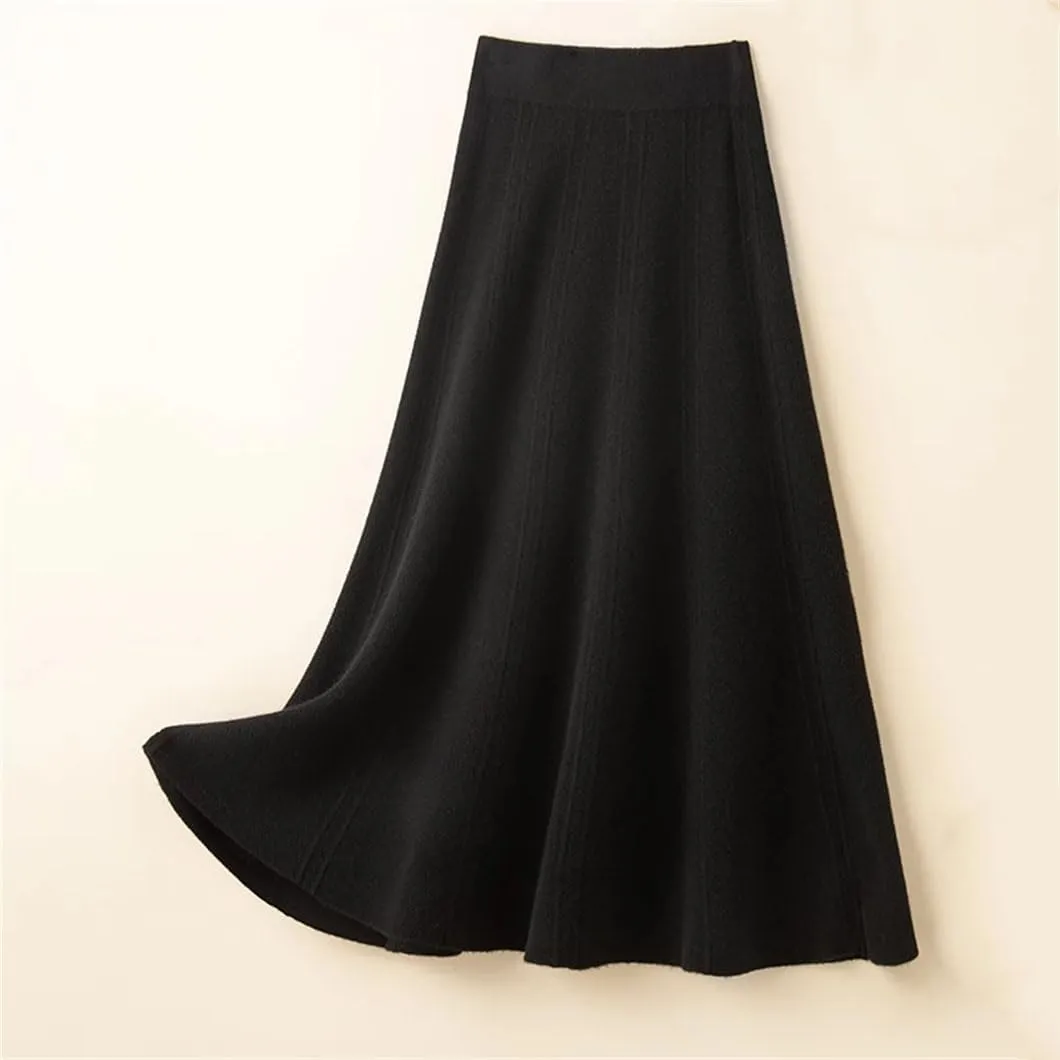 DBFBDTU Womens Wool Skirt Knitted Ribbed Knit A-Line Skirts Pleated Knit Sweater Midi Skirts