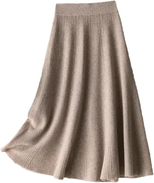 DBFBDTU Womens Wool Skirt Knitted Ribbed Knit A-Line Skirts Pleated Knit Sweater Midi Skirts
