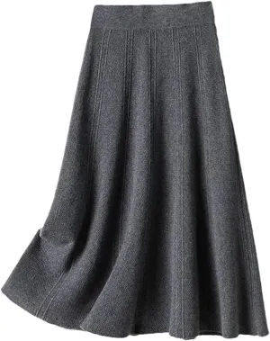 DBFBDTU Womens Wool Skirt Knitted Ribbed Knit A-Line Skirts Pleated Knit Sweater Midi Skirts