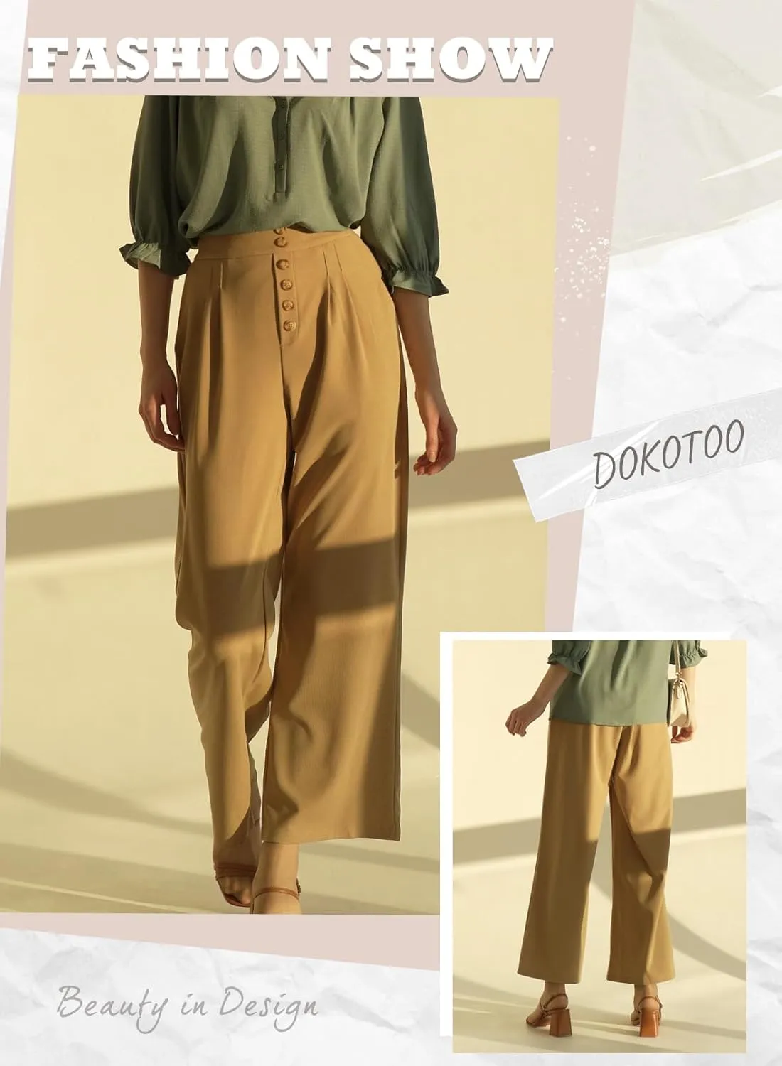 Dokotoo Wide Leg Pants Woman Elastic High Waisted Waffle Knit Dressy Casual Trousers Pants with Pockets