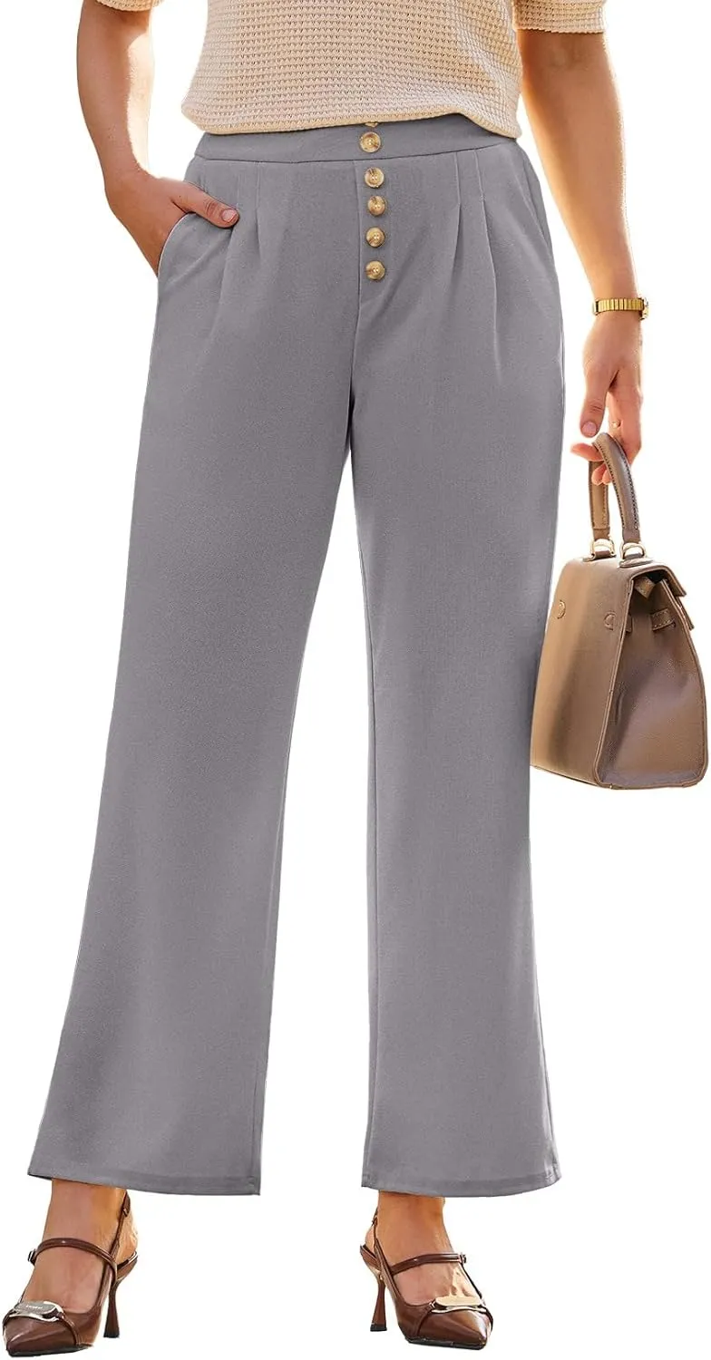 Dokotoo Wide Leg Pants Woman Elastic High Waisted Waffle Knit Dressy Casual Trousers Pants with Pockets