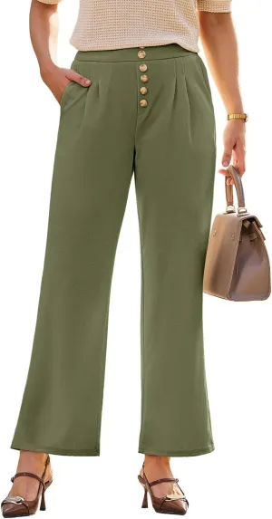 Dokotoo Wide Leg Pants Woman Elastic High Waisted Waffle Knit Dressy Casual Trousers Pants with Pockets