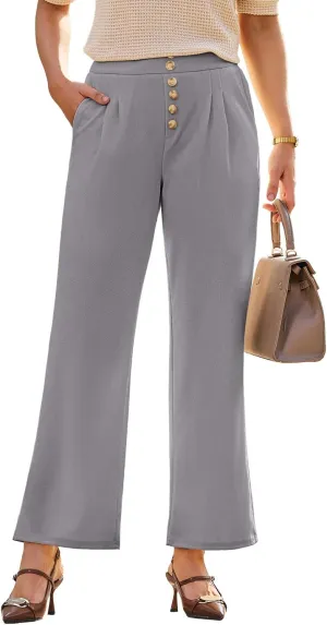 Dokotoo Wide Leg Pants Woman Elastic High Waisted Waffle Knit Dressy Casual Trousers Pants with Pockets