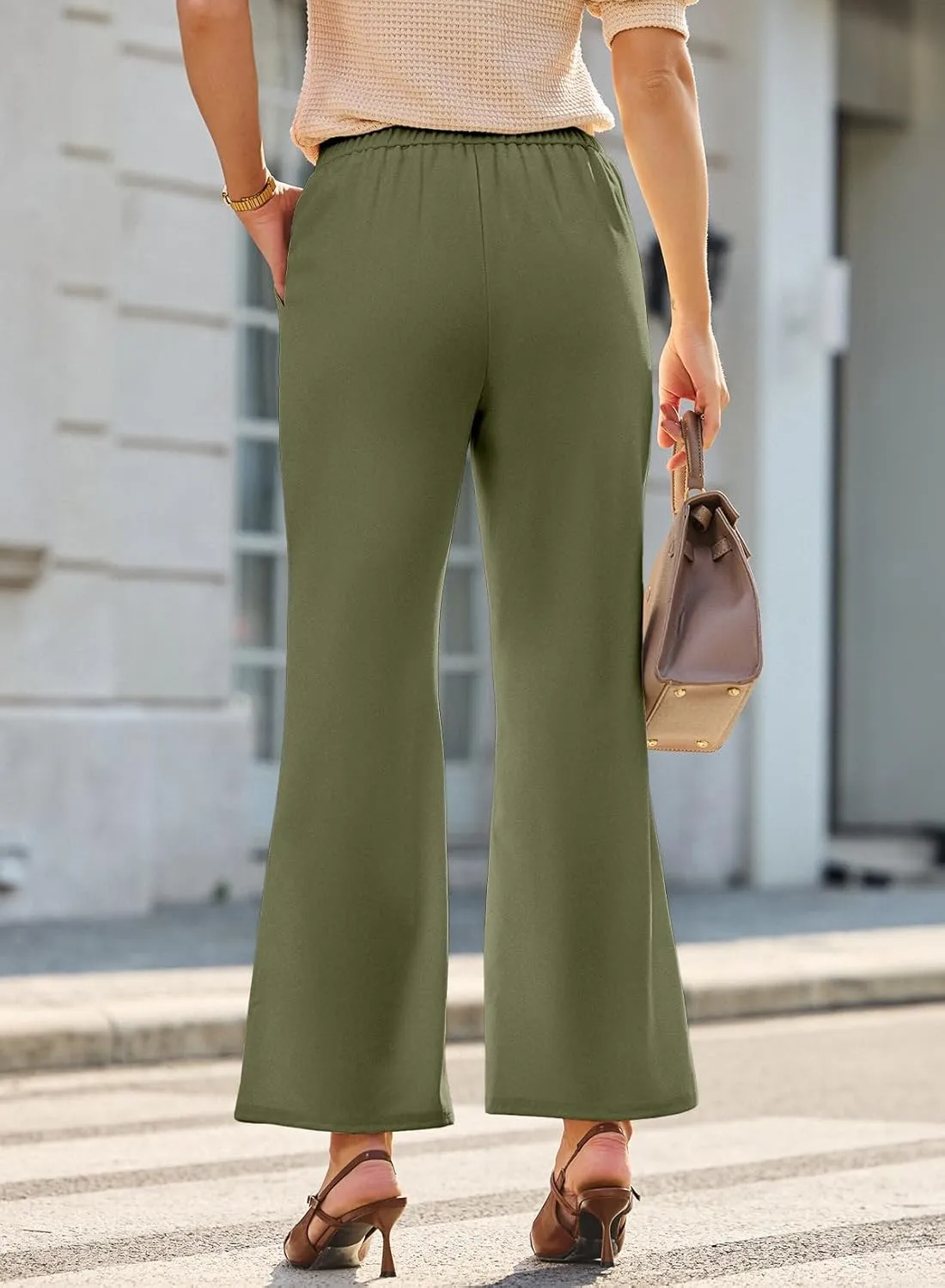 Dokotoo Wide Leg Pants Woman Elastic High Waisted Waffle Knit Dressy Casual Trousers Pants with Pockets