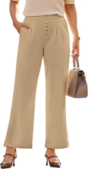 Dokotoo Wide Leg Pants Woman Elastic High Waisted Waffle Knit Dressy Casual Trousers Pants with Pockets