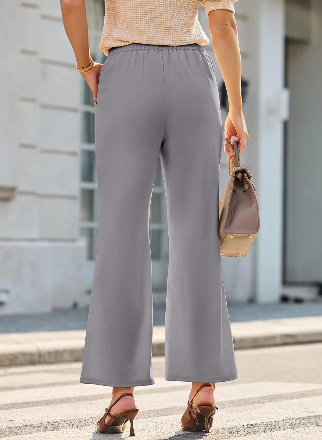Dokotoo Wide Leg Pants Woman Elastic High Waisted Waffle Knit Dressy Casual Trousers Pants with Pockets