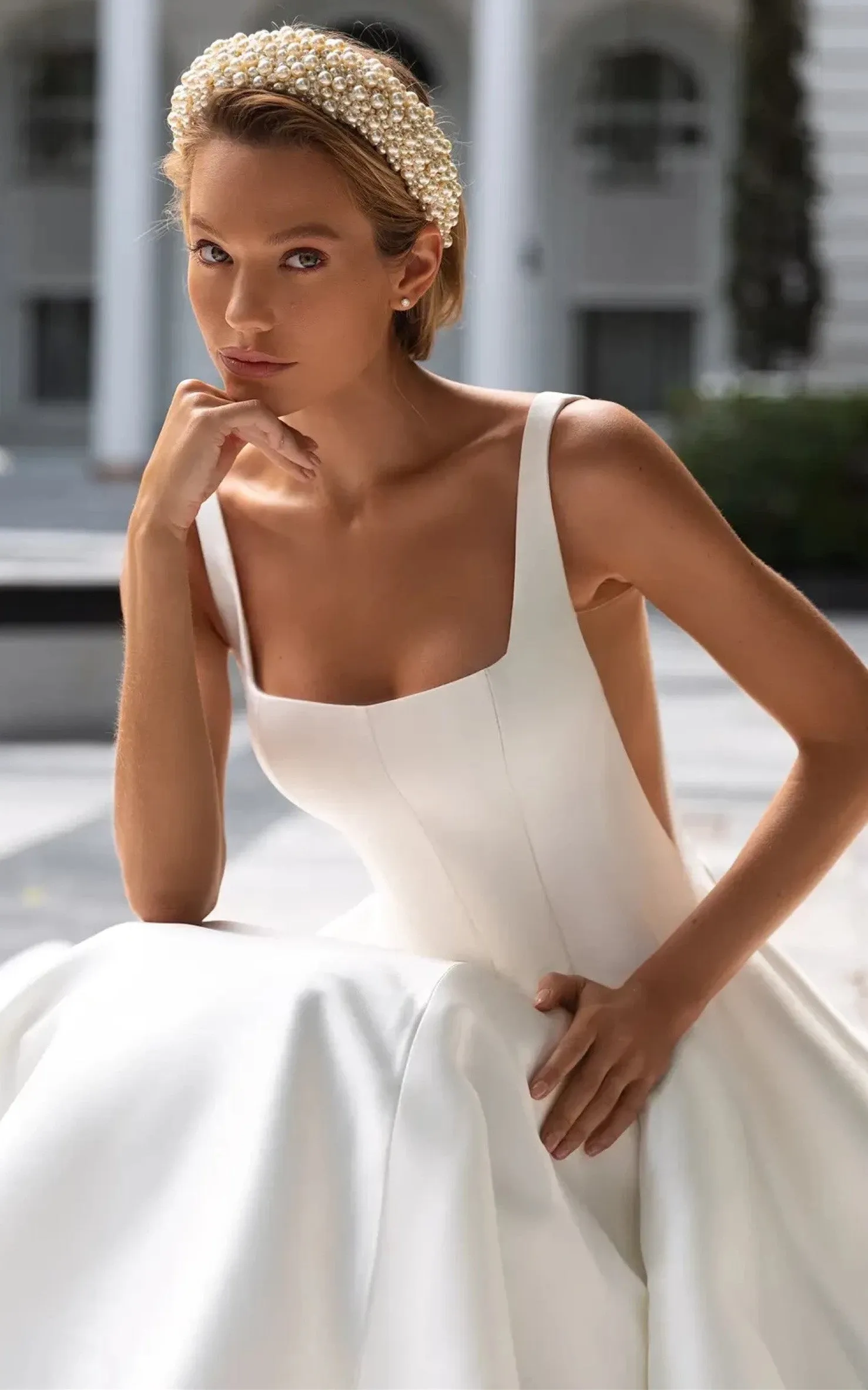 Elegant A Line Square Neck Satin Court Train Wedding Dress-716389