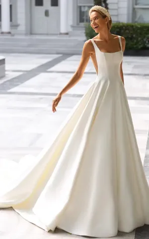 Elegant A Line Square Neck Satin Court Train Wedding Dress-716389