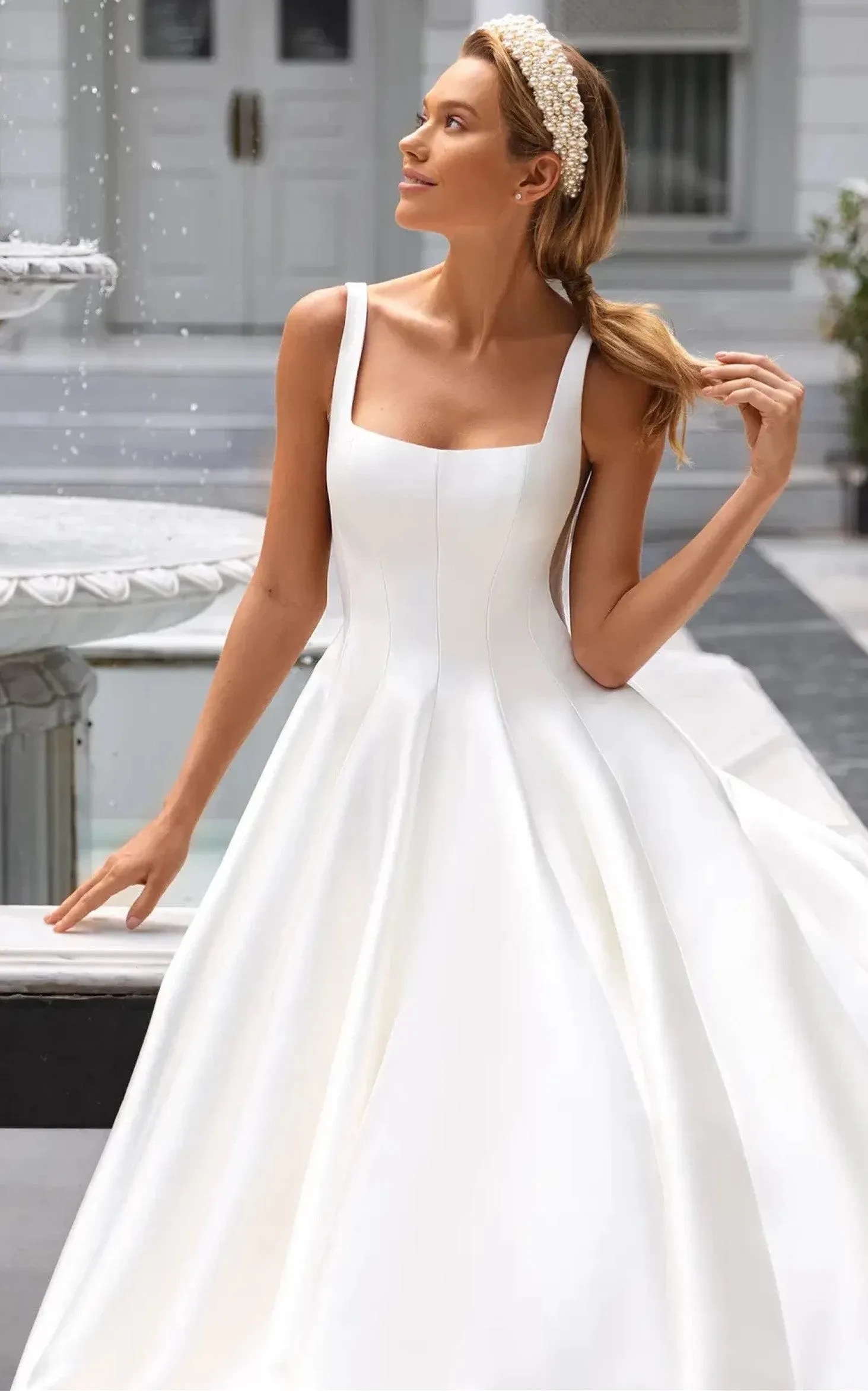 Elegant A Line Square Neck Satin Court Train Wedding Dress-716389