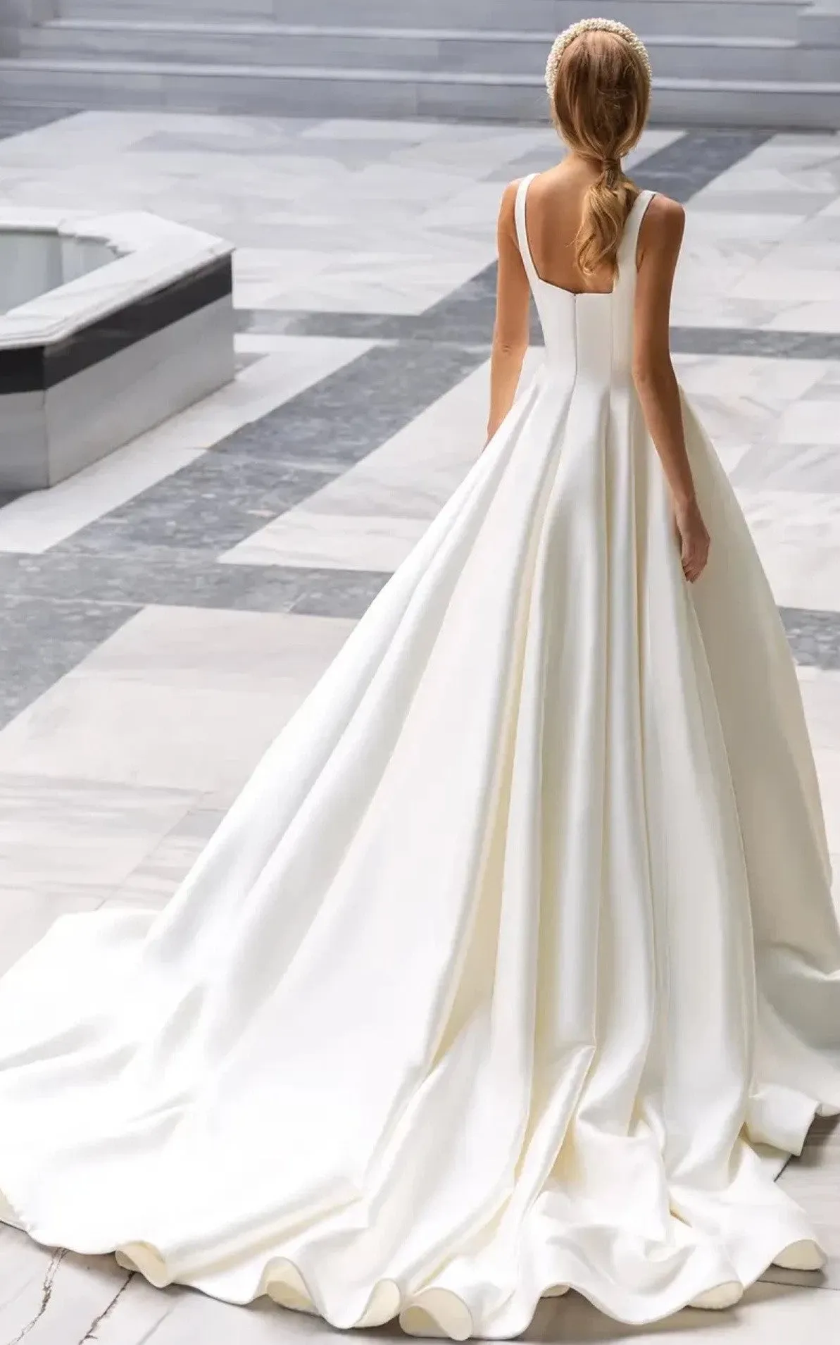 Elegant A Line Square Neck Satin Court Train Wedding Dress-716389