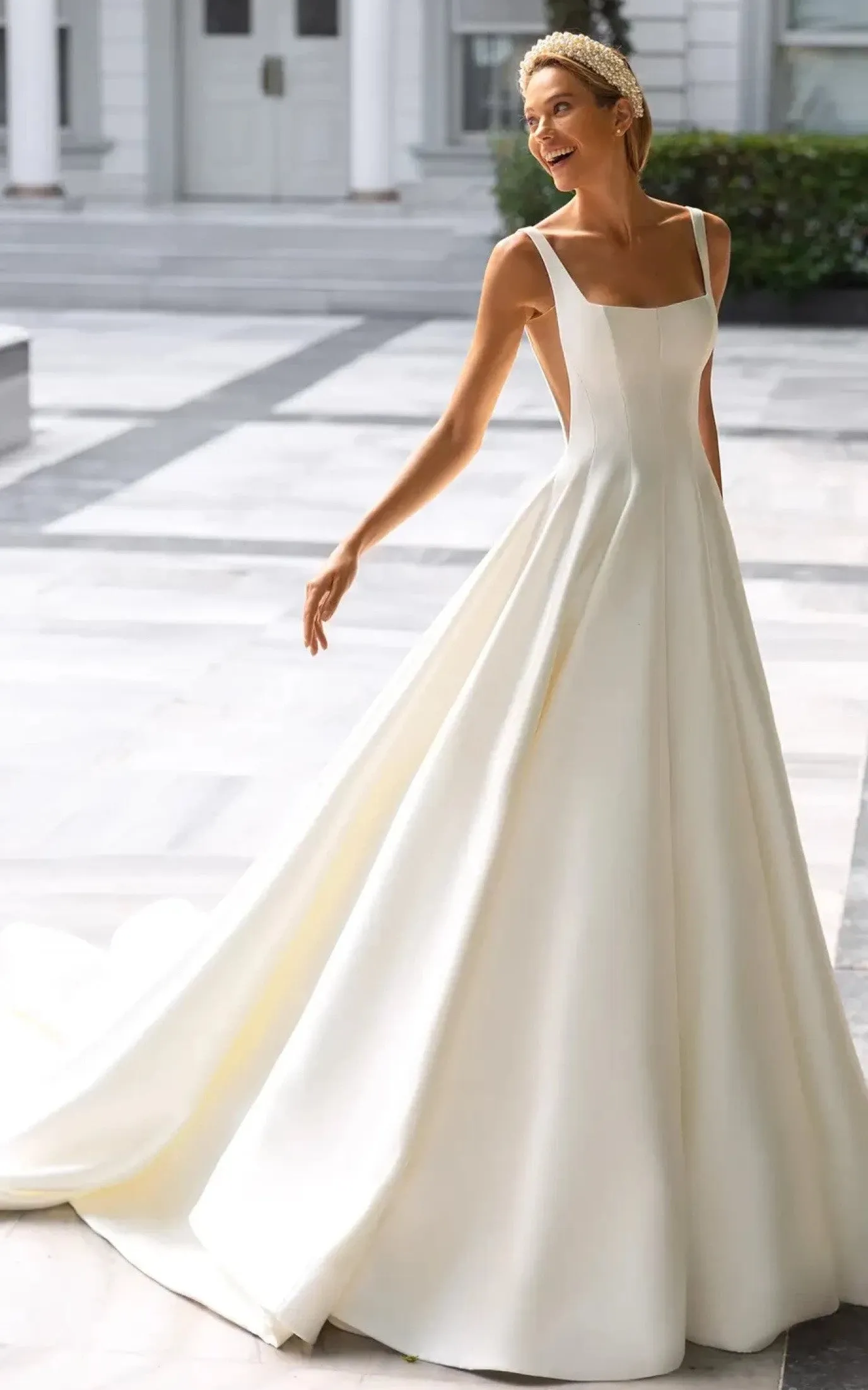 Elegant A Line Square Neck Satin Court Train Wedding Dress-716389