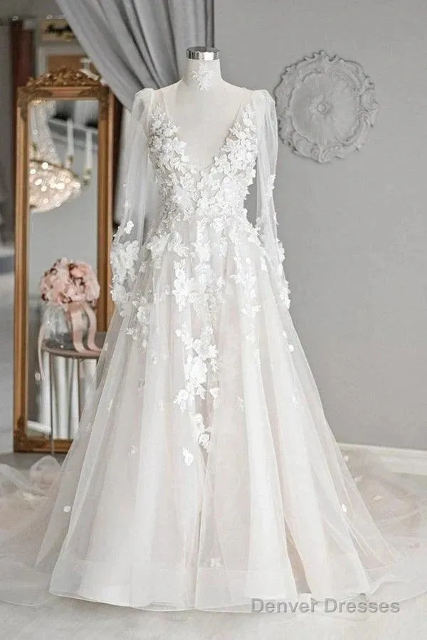 Elegant A-Line V-Neck Long Sleeved Ivory Sheer And Floor Length Wedding Dress