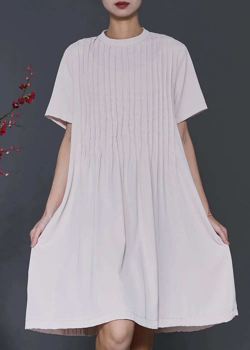 Elegant Apricot O-Neck Wrinkled Cotton Dresses Summer