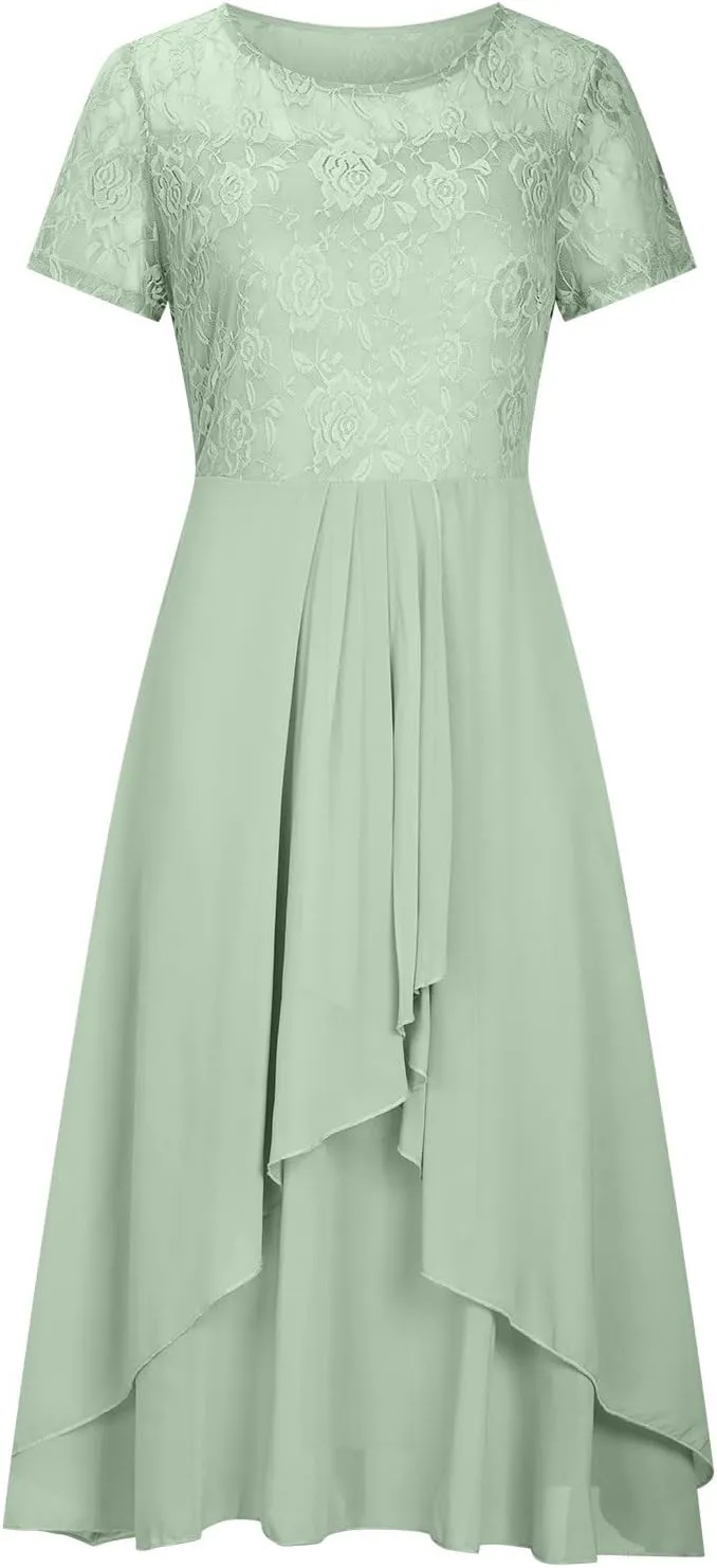 Elegant Embroidery Midi Dresses for Women Flowy Lace Cap Sleeve Dress 2025 Chiffon Plus Size Formal Evening Gowns