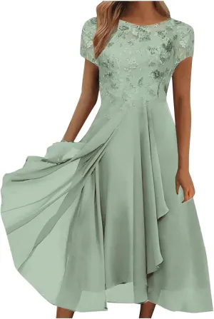 Elegant Embroidery Midi Dresses for Women Flowy Lace Cap Sleeve Dress 2025 Chiffon Plus Size Formal Evening Gowns