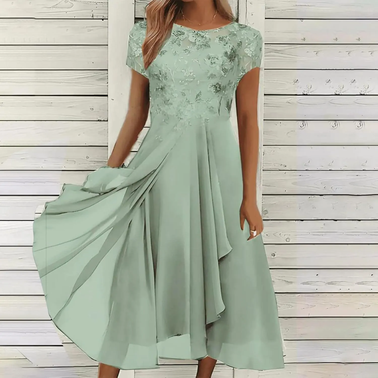 Elegant Embroidery Midi Dresses for Women Flowy Lace Cap Sleeve Dress 2025 Chiffon Plus Size Formal Evening Gowns