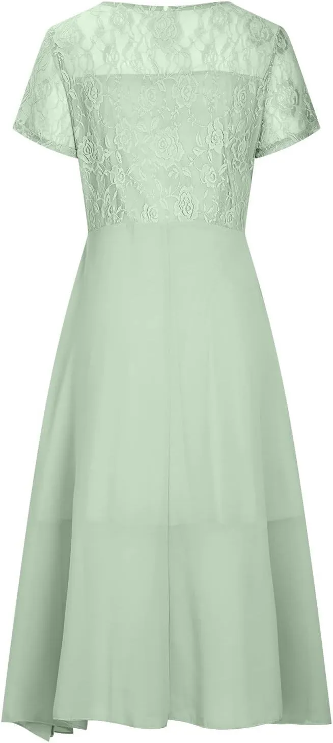 Elegant Embroidery Midi Dresses for Women Flowy Lace Cap Sleeve Dress 2025 Chiffon Plus Size Formal Evening Gowns