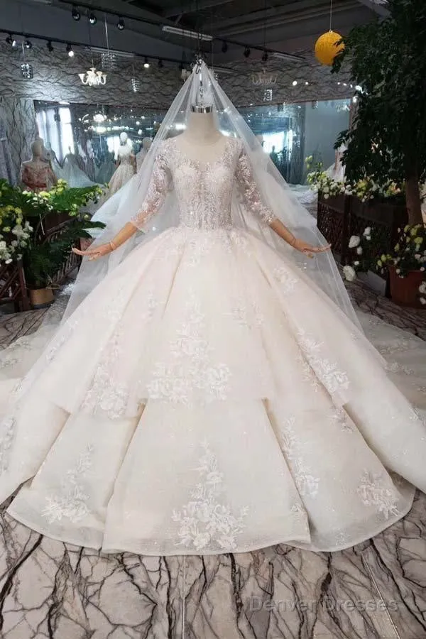 Elegant Half Sleeves Ball Gown Lace Layer Wedding Dress