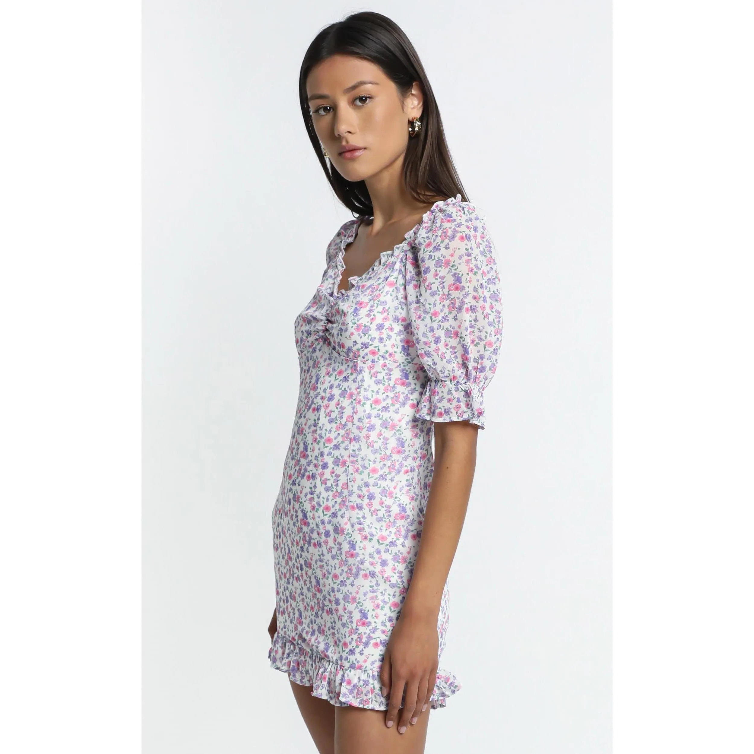 ELEGANT PUFF SLEEVE RUFFLE DRESS