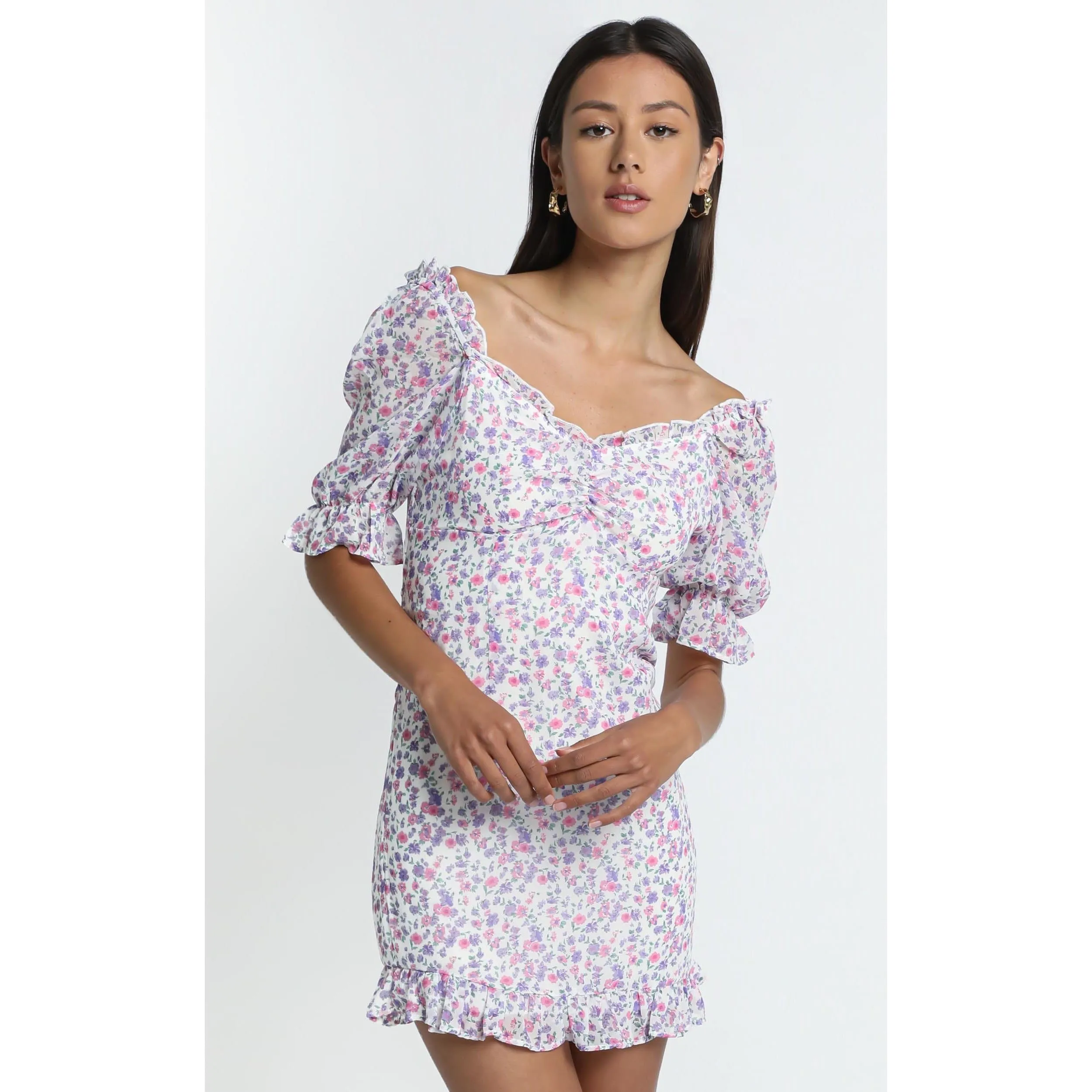 ELEGANT PUFF SLEEVE RUFFLE DRESS