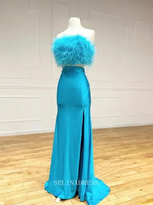 Elegant Sheath/Column Strapless Prom Dress Blue Long Formal Gown With Feather Evening Dress #LOP608