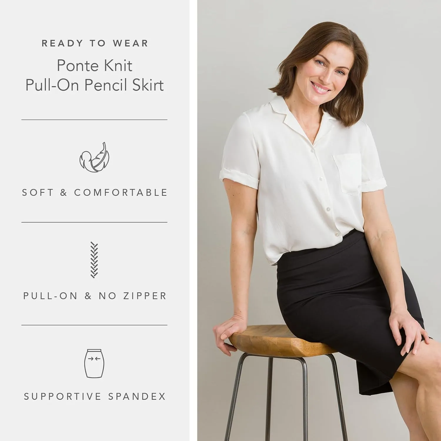 Fishers Finery Women's Ecofabric Ponte Pull On Stretch Above Knee Classic Pencil Skirt, Fitted