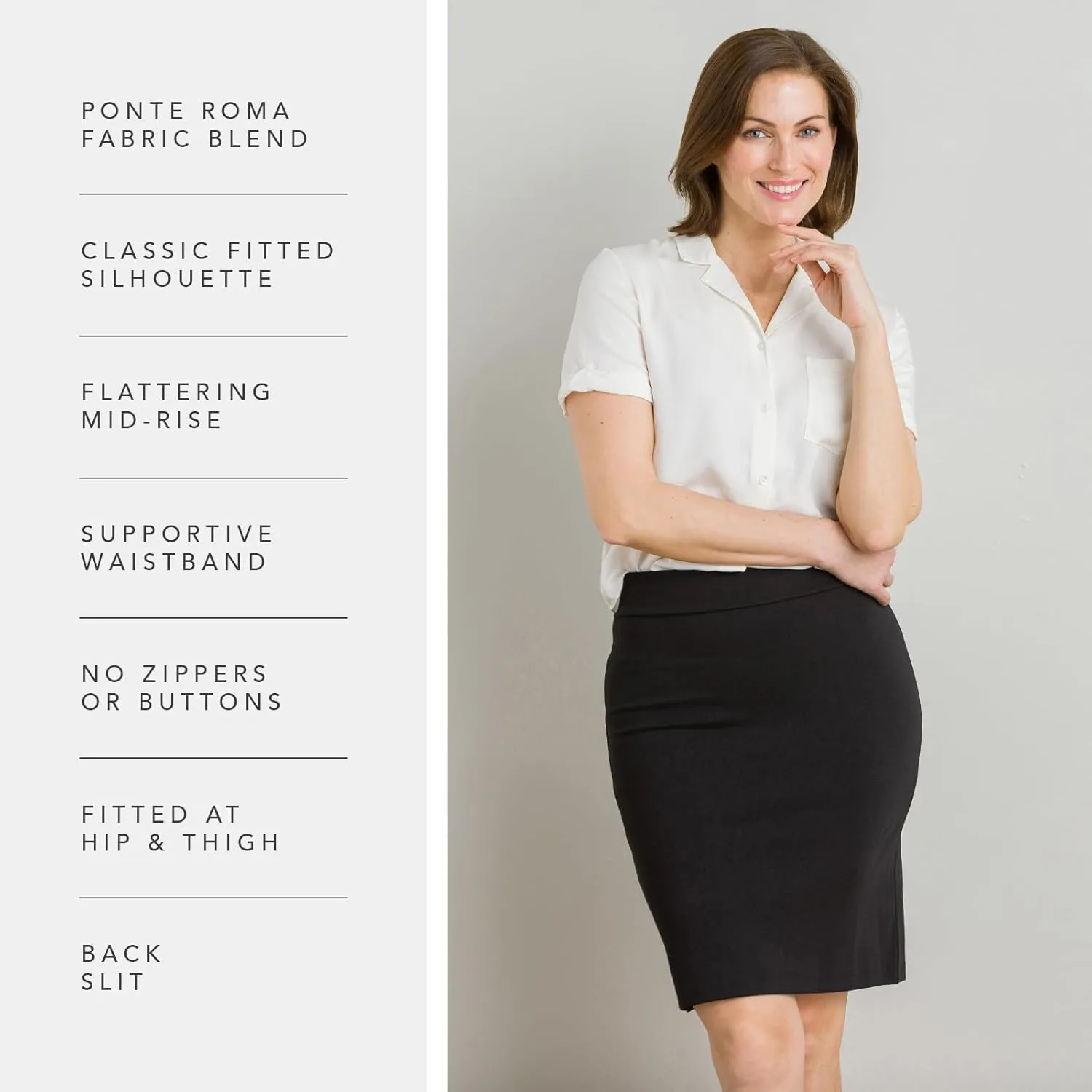 Fishers Finery Women's Ecofabric Ponte Pull On Stretch Above Knee Classic Pencil Skirt, Fitted