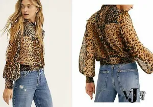 Free People Womens Brown Animal Print Long Sleeve Top