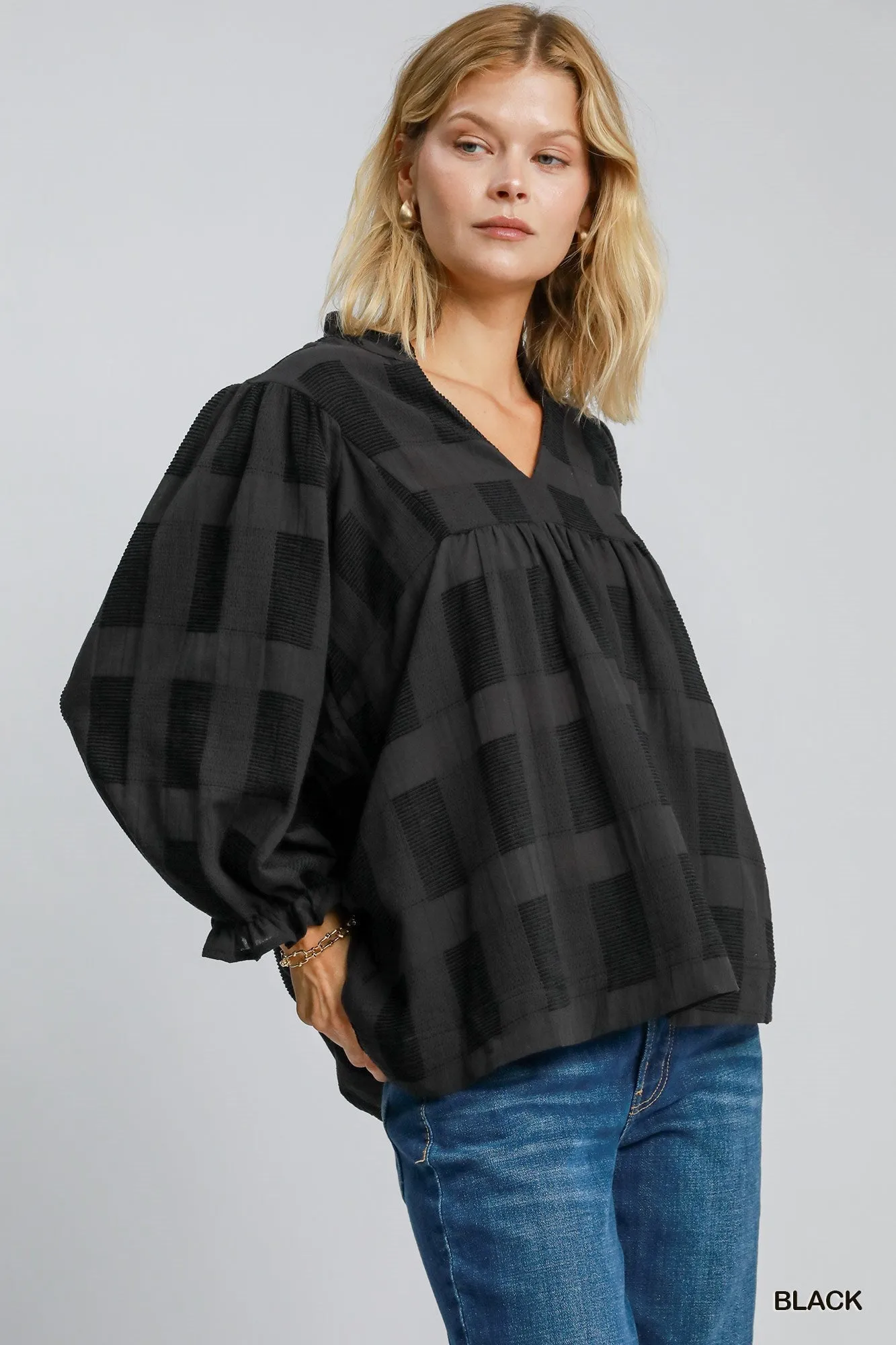 Geo Ruffle Sleeve Top - Black