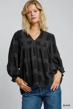 Geo Ruffle Sleeve Top - Black
